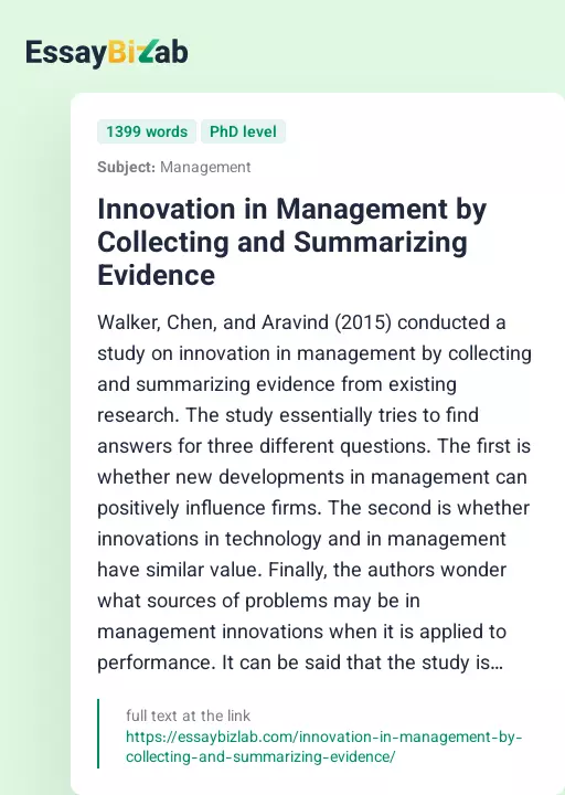Innovation in Management by Collecting and Summarizing Evidence - Essay Preview