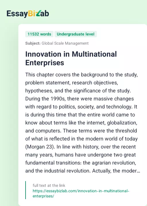 Innovation in Multinational Enterprises - Essay Preview