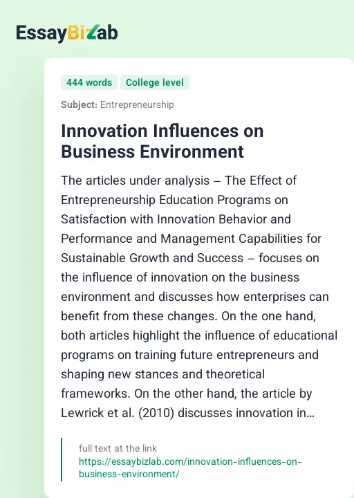 Innovation Influences on Business Environment - Essay Preview