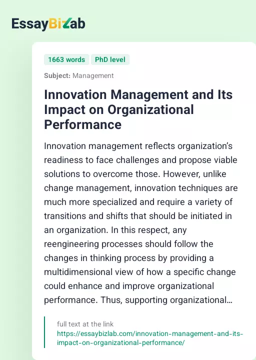 Innovation Management and Its Impact on Organizational Performance - Essay Preview