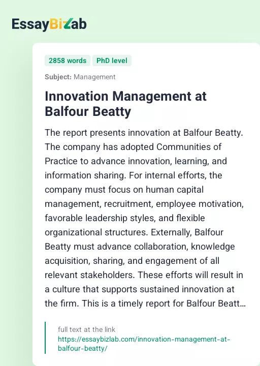 Innovation Management at Balfour Beatty - Essay Preview
