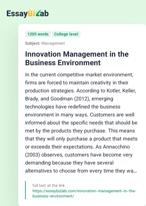 Innovation Management in the Business Environment - Essay Preview