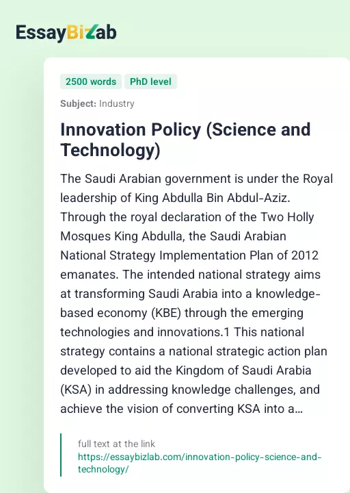 Innovation Policy (Science and Technology) - Essay Preview