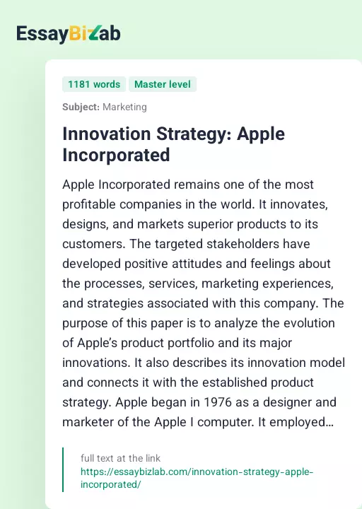Innovation Strategy: Apple Incorporated - Essay Preview