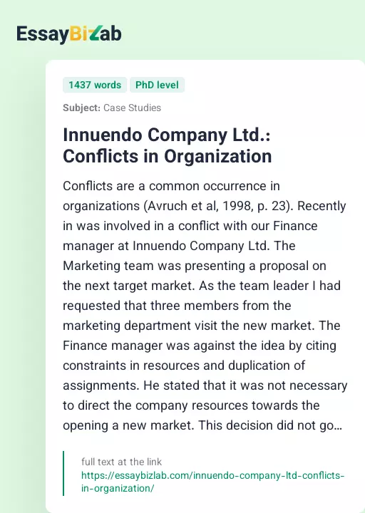 Innuendo Company Ltd.: Conflicts in Organization - Essay Preview