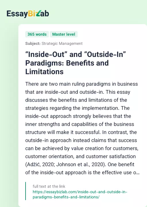 “Inside-Out” and “Outside-In” Paradigms: Benefits and Limitations - Essay Preview