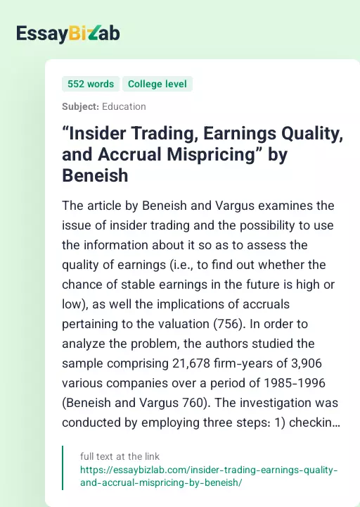 “Insider Trading, Earnings Quality, and Accrual Mispricing” by Beneish - Essay Preview