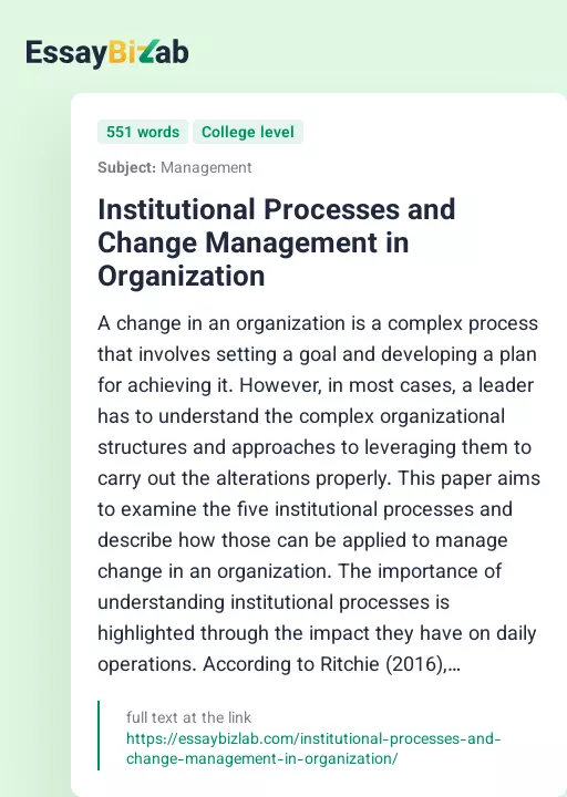 Institutional Processes and Change Management in Organization - Essay Preview