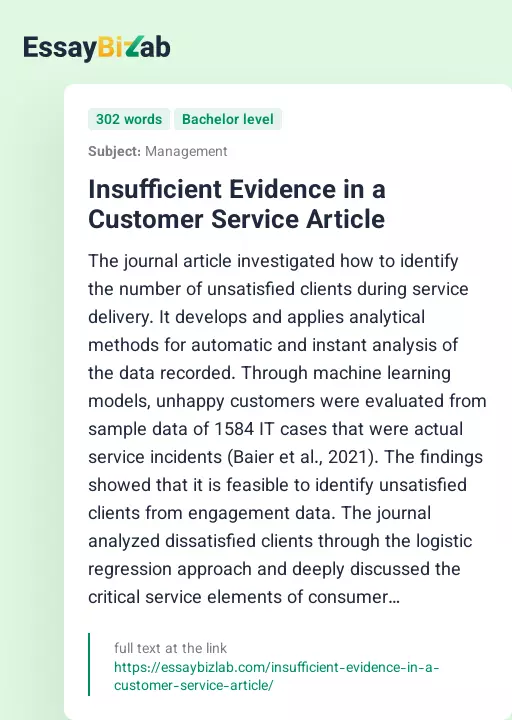 Insufficient Evidence in a Customer Service Article - Essay Preview