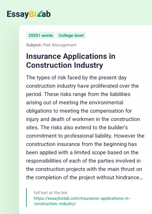 Insurance Applications in Construction Industry - Essay Preview