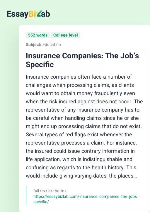 Insurance Companies: The Job’s Specific - Essay Preview
