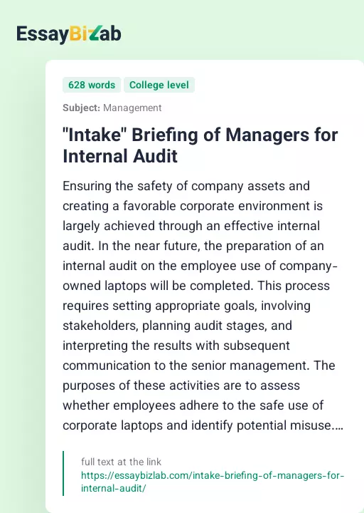 "Intake" Briefing of Managers for Internal Audit - Essay Preview