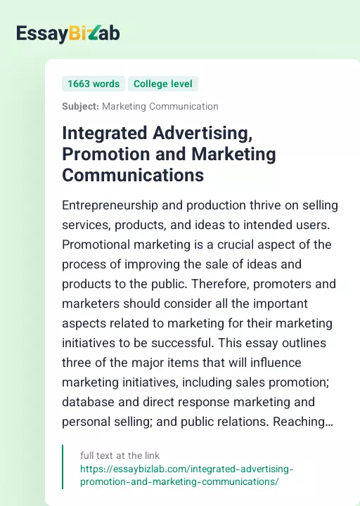 Integrated Advertising, Promotion and Marketing Communications - Essay Preview