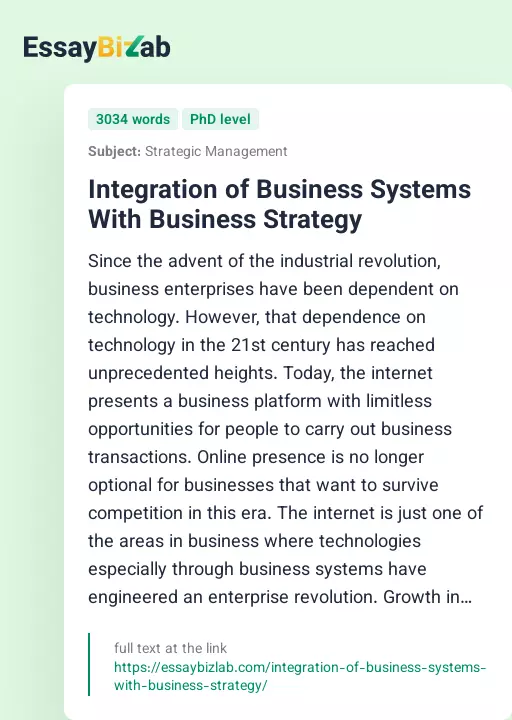 Integration of Business Systems With Business Strategy - Essay Preview
