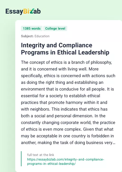 Integrity and Compliance Programs in Ethical Leadership - Essay Preview