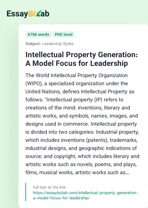 Intellectual Property Generation: A Model Focus for Leadership - Essay Preview