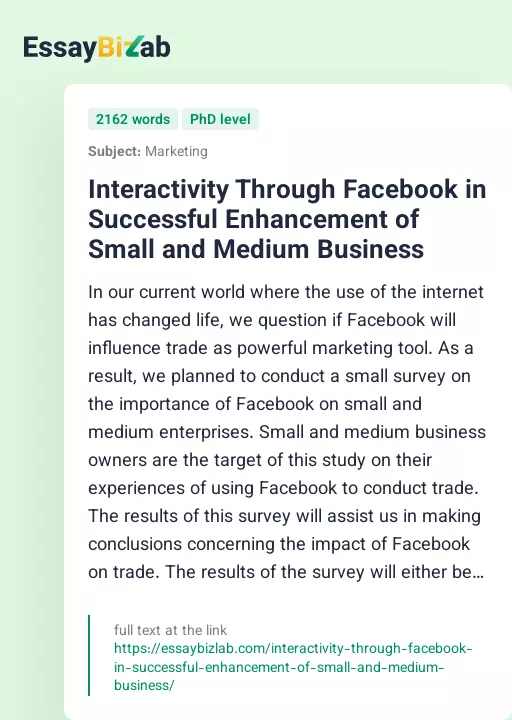 Interactivity Through Facebook in Successful Enhancement of Small and Medium Business - Essay Preview