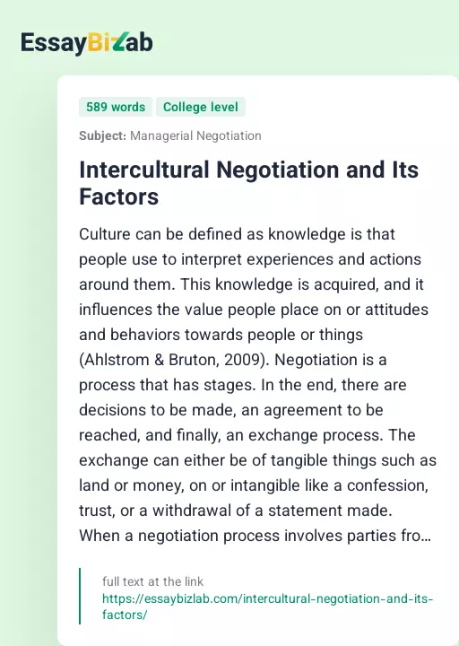 Intercultural Negotiation and Its Factors - Essay Preview