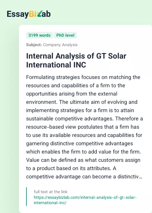 Internal Analysis of GT Solar International INC - Essay Preview