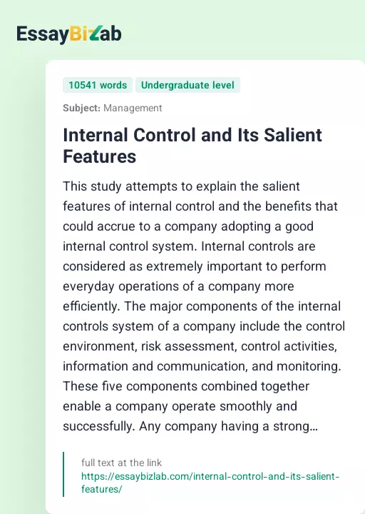 Internal Control and Its Salient Features - Essay Preview