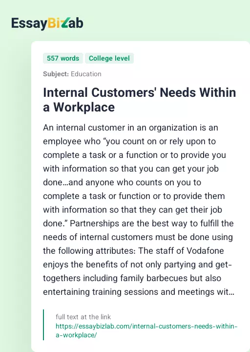 Internal Customers' Needs Within a Workplace - Essay Preview