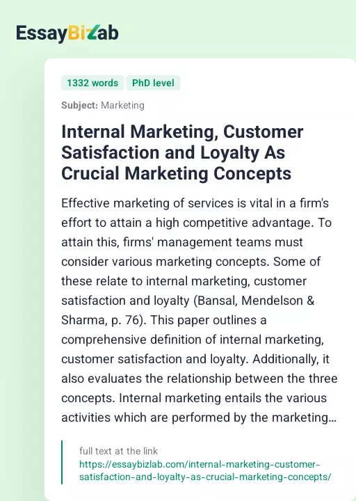 Internal Marketing, Customer Satisfaction and Loyalty As Crucial Marketing Concepts - Essay Preview