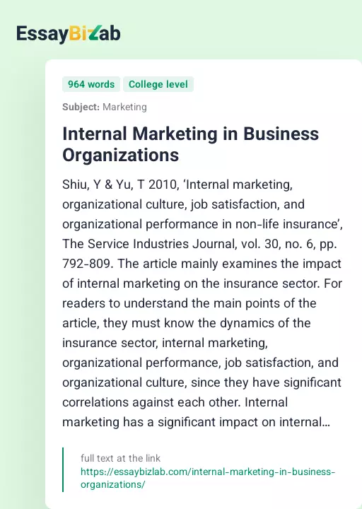 Internal Marketing in Business Organizations - Essay Preview