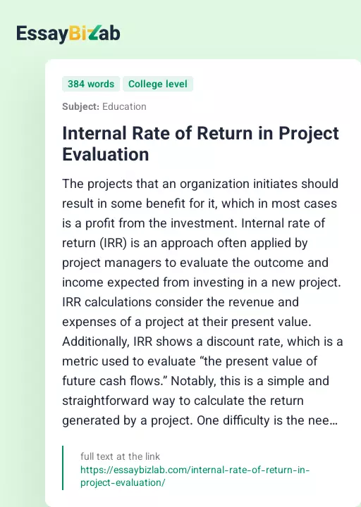 Internal Rate of Return in Project Evaluation - Essay Preview