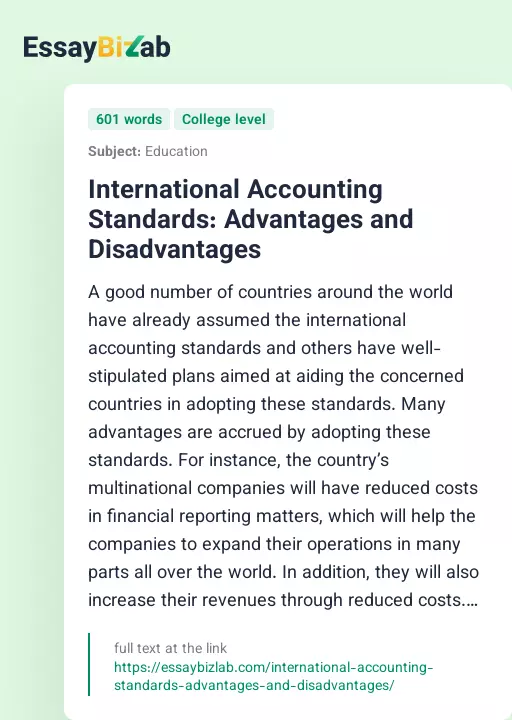 International Accounting Standards: Advantages and Disadvantages - Essay Preview