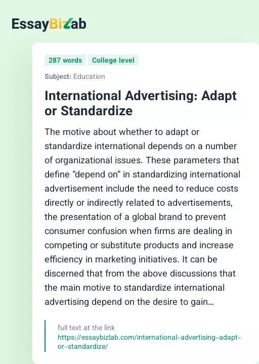 International Advertising: Adapt or Standardize - Essay Preview