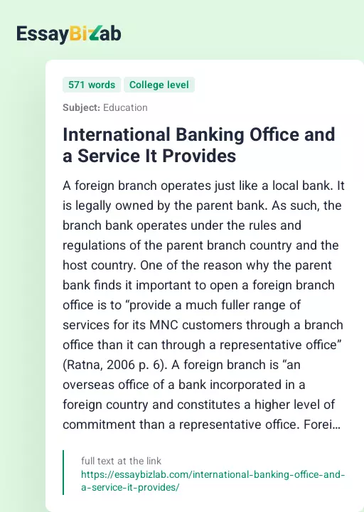 International Banking Office and a Service It Provides - Essay Preview
