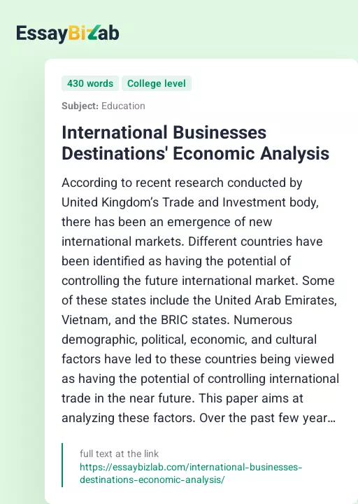 International Businesses Destinations' Economic Analysis - Essay Preview