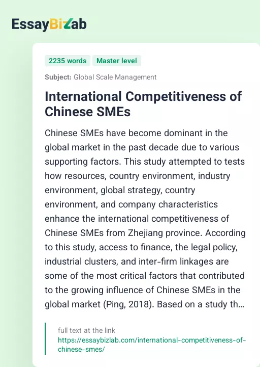 International Competitiveness of Chinese SMEs - Essay Preview