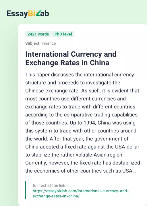 International Currency and Exchange Rates in China - Essay Preview