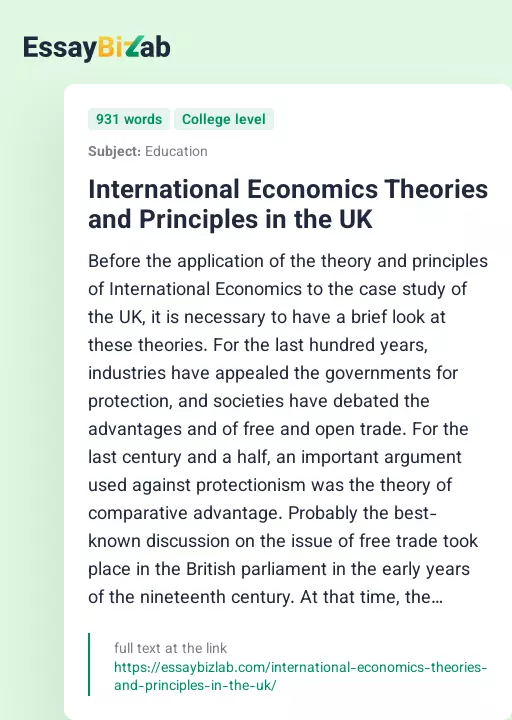 International Economics Theories and Principles in the UK - Essay Preview