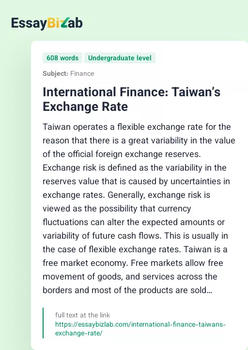 International Finance: Taiwan’s Exchange Rate - Essay Preview