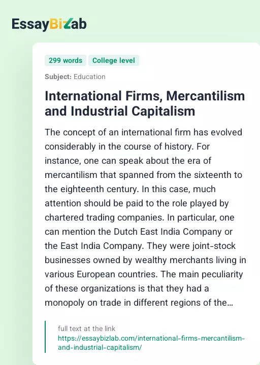 International Firms, Mercantilism and Industrial Capitalism - Essay Preview