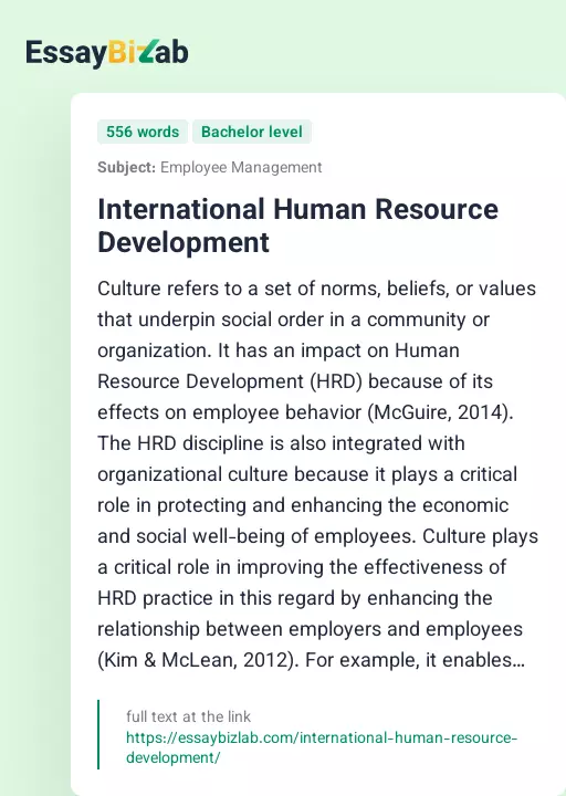 International Human Resource Development - Essay Preview