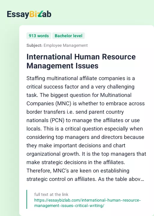 International Human Resource Management Issues - Essay Preview