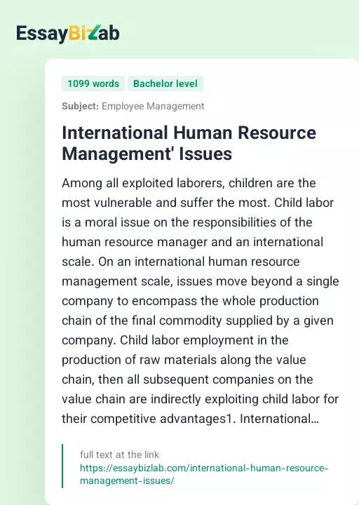 International Human Resource Management' Issues - Essay Preview