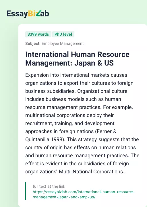 International Human Resource Management: Japan & US - Essay Preview