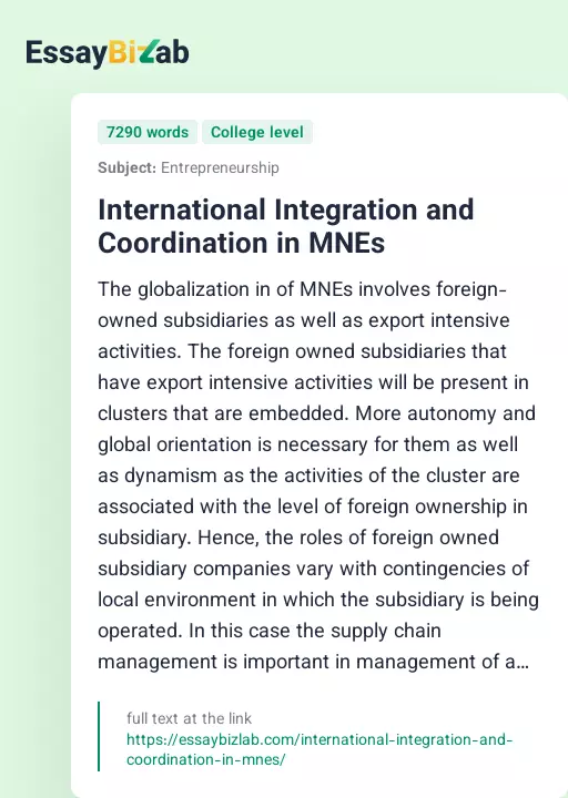 International Integration and Coordination in MNEs - Essay Preview