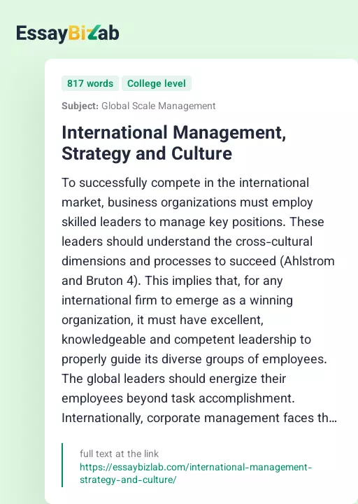 International Management, Strategy and Culture - Essay Preview