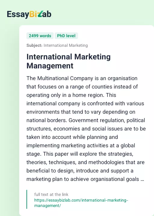 International Marketing Management - Essay Preview