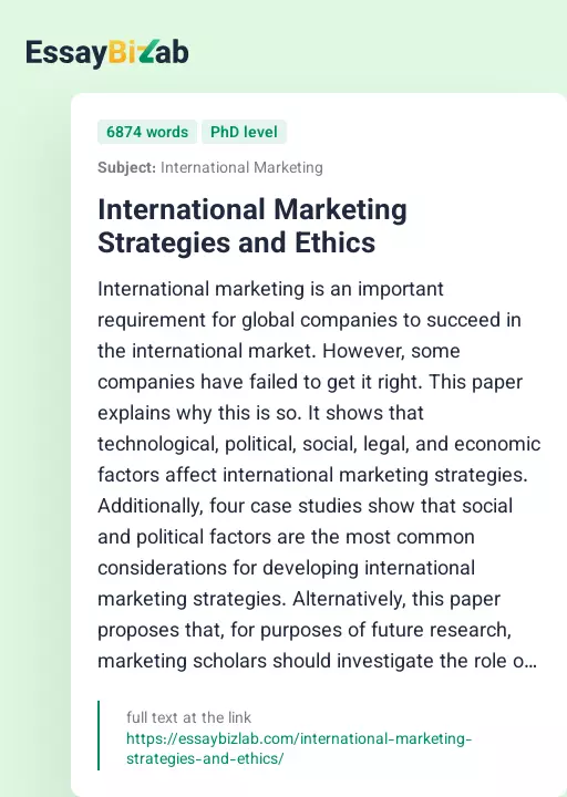 International Marketing Strategies and Ethics - Essay Preview