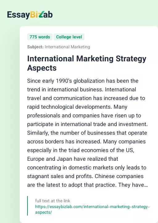International Marketing Strategy Aspects - Essay Preview