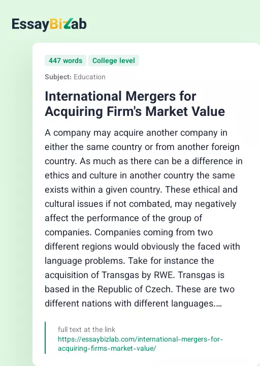 International Mergers for Acquiring Firm's Market Value - Essay Preview