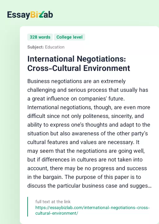 International Negotiations: Cross-Cultural Environment - Essay Preview