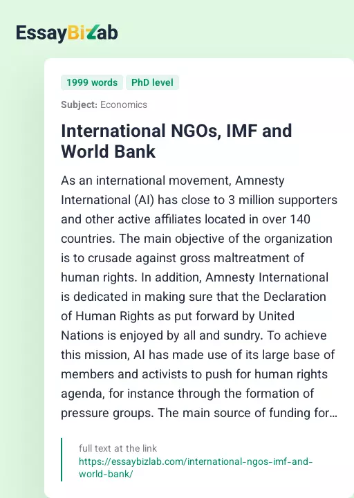 International NGOs, IMF and World Bank - Essay Preview