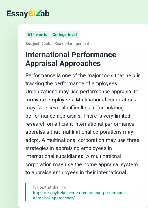 International Performance Appraisal Approaches - Essay Preview